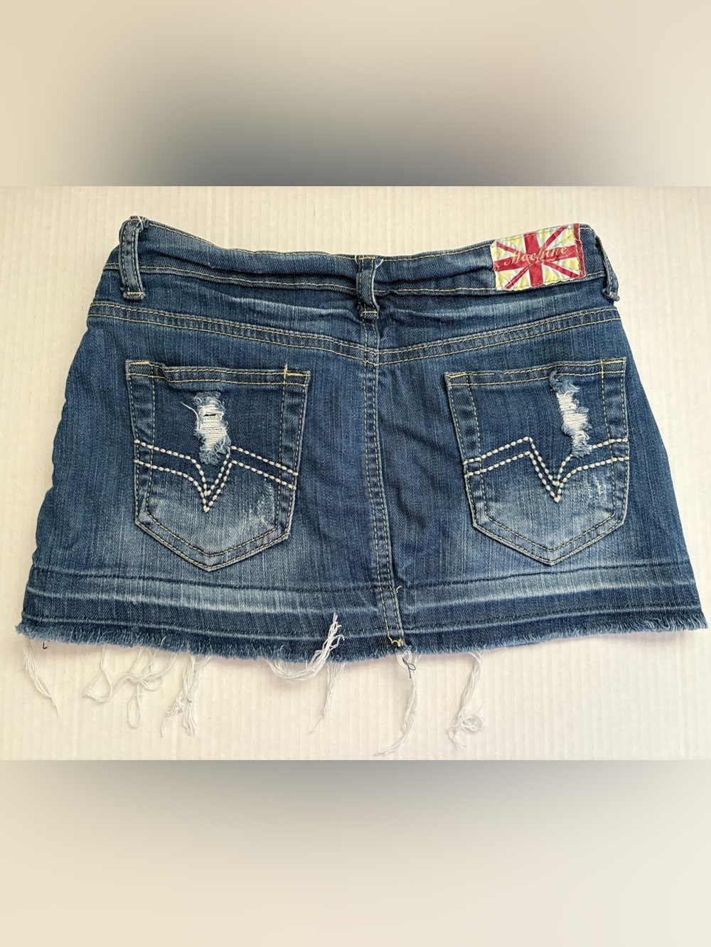 Machine Vintage Y2K Distressed Blue Denim Micro Mini Skirt Five Pockets Size 26
